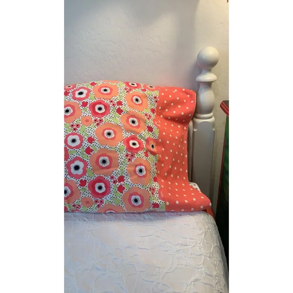 Handmade Floral Flannel Pillowcase - Coral Blooms, Polka Dot Border